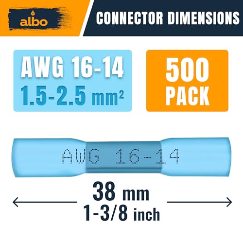 ALBO Heat Shrink Crimp Connectors (Butt 500Pcs Blue 16-14 AWG) - color: Butt 500Pcs Blue 16-14 AWG