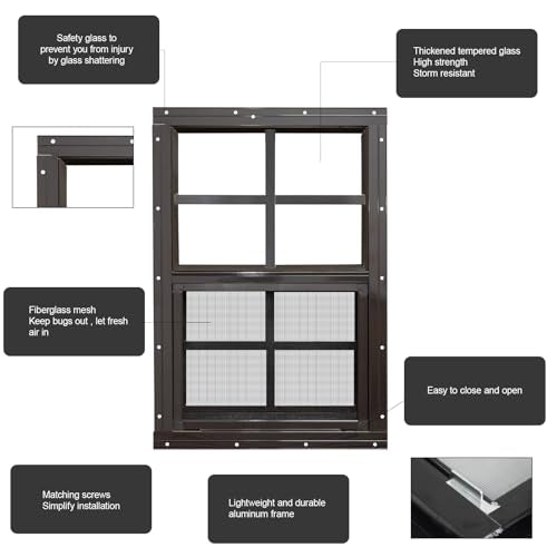 NeatiEase 2 Pack Shed Windows with Black Frame, 12x 18 Flush Mount Small Window with Tempered Glass and Fiberglass Screen for Shed, Chicken Coop, Playhouse, Household, Garage (Brown) - color: Brown, size: 12"x18"