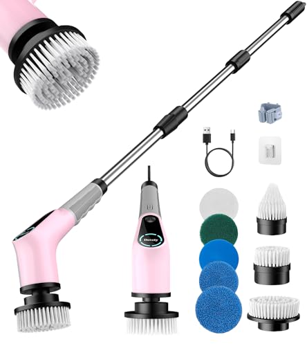 Dovety Electric Spin Scrubber, Extendable Handle, 8 Brush Heads-Pink - color: Pink