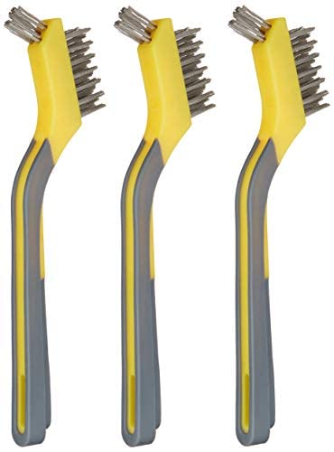 Amazon Basics Stainless Steel Mini Wire Brushes for Paint Removal, Rust Removal, Crevice Cleaning, Soft Grip Ergonomic Handle, 3-Pack, Grey/Yellow