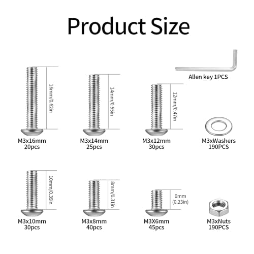 570 Pcs M3 Screws Kit, M3 Machine Screws and Nuts and Washers Set, Assorted Button Head Socket Cap Screws Nuts and Bolts Assortment Kit, Stainless Steel Metric Screw Assortment, Fully Threaded - size: M3