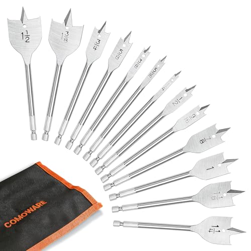 COMOWARE 13 Pcs Spade Drill Bit Set - Paddle Flat Bits Set for Woodworking, Hex Shank, Carbon Sreel, 1/4"-1-1/2", Portable Nylon Storage Holder - style: 13 Pcs