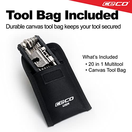CECO USA 20 Function Bike Tool with Chain Breaker, Bicycle Multi Tool, Heavy Duty, Compact Pocket Sized, Lightweight, High Strength CR-V 6150 Tool Steel, Easy To Carry, Case Pouch Included