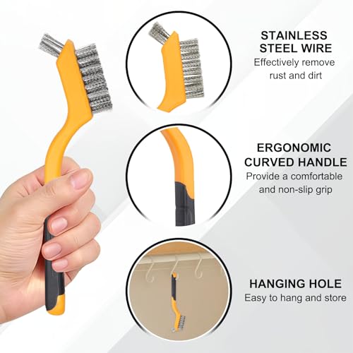 HARFINGTON 6pcs Wire Brushes Stainless Steel Cleaning Brushes with Curved Handle Dual Head for Cleaning Scrubbing Rust Dirt Paint Removal, Yellow - color: Yellow