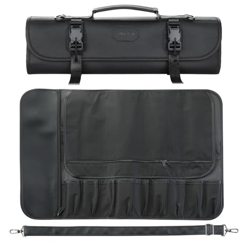 XINZUO 9-Slot Leather Chef Knife Roll Bag with Strap - color: All-black microfiber knife roll