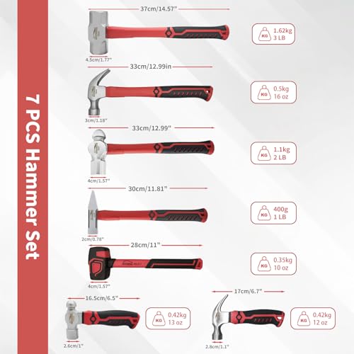 7-Piece Hammer Set, Claw, Ball Peen, Sledge and Rubber Mallet - color: Hammer Set 7 Pcs