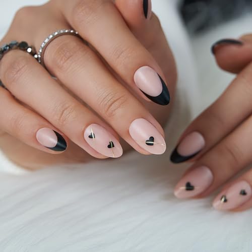 CurvLife Matte Almond Press On Nails for Women, Nude Pink Black French Tip Fake Nails with Hearts, Medium Length Soft Gel Glue On Nails Kit with Nail Glue & Tools, Salon Quality Valentine’s Day Nails - color: C3 - French Line Almonds