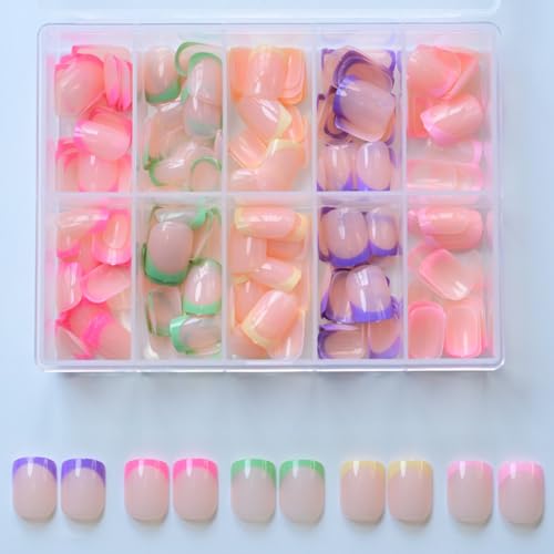 240Pcs French Tip Press On Nails Short Square Fake Nails Press Ons Set Full Cover Acrylic Glue on Nails Reusable Glossy Artificial Nail Kit False Nails for Women Girls Manicure 12 Color - color: Color French Tip Short Square