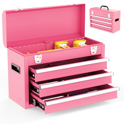 3 Drawer Metal Tool Box, Portable Metal Tool Box with EVC Liners and Latches Closure, Heavy Duty Steel Tool Chest with Ball Bearing Opening and Powder Coated Finish, Pink - color: Pink