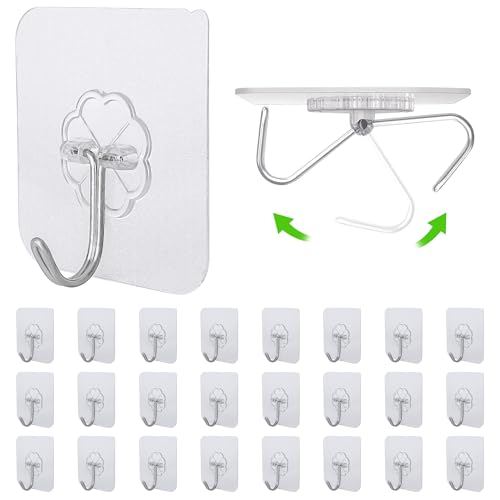 24 Pack Adhesive Wall Hooks 33LB Heavy Duty No Drill Clear Sticky Hooks