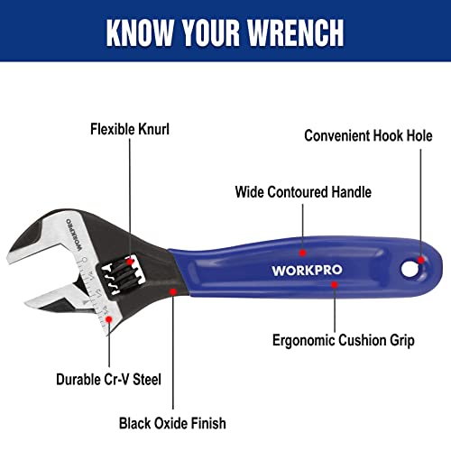 WORKPRO 6-Inch Compact Adjustable Wrench, Wide Jaw Cr-V steel Wrench - color: Blue, size: 6-Inch