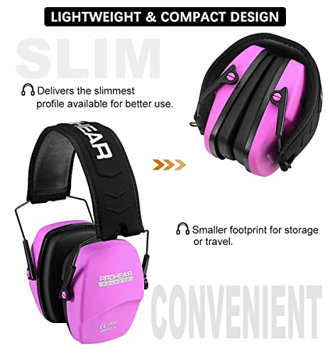 PROHEAR 016 Ear Protection Safety Earmuffs for Shooting, NRR 26dB Noise Reduction Slim Passive Hearing Protector with Low-Profile Earcups, Compact Foldable Ear Defenders for Gun Range, Hunting (Pink) - style: Passive – Pink