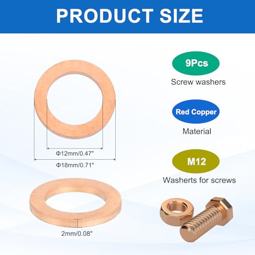 MECCANIXITY 9Pcs Flat Washer, M12 Copper Washers Copper Sealing Ring Crush Washer Kit Assortment, 12mm ID, 18mm OD, 2mm Thick for Bolts Screws Machinery Repair - size: 12mmx18mmx2mm