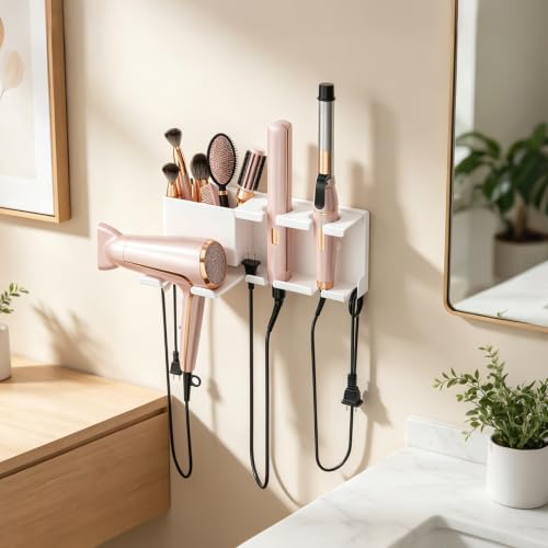 YSD Hair Dryer Holder Wall Mounted Metal 4 in 1 Hair Tools Organizer - color: White, size: Standard