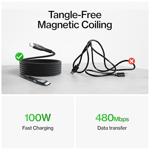 Statik MagStack Pro USB C to USB C Coiling Magnetic Charging Cable,100W | Nylon Braided Tangle-Free Design, Magnetic Coiling, Data Transfer, Compatible with iPhone & Android, 6FT Black, 5 Pack - color: Black, size: 6ft (5 Pack), style: USB-C to USB-C