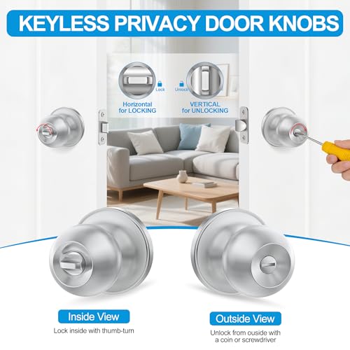 Plustool 10 Pack Privacy Door Knobs Interior, Satin Nickel Doorknob with Lock -ANSI Grade-3 Certified,Keyless Door Locks for Bedroom,Bathroom, Modern Heavy Duty Handle with Round Ball, Easy to Install