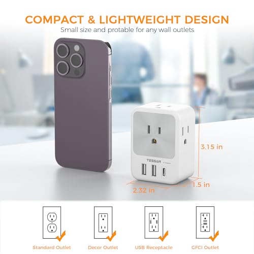 TESSAN Surge Protector Wall Outlet Extender, Multi Plug Outlet Splitter - color: Grey, size: 2 USB-A+1 USB-C