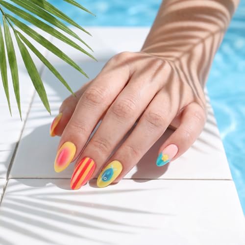 Summer Press On Nails Medium Almond Yellow Pink with Small Fish Flower - color: Style11
