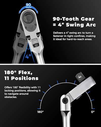 toolant 3/8" Drive Flex Head Ratchet Wrenches, 90 Tooth Compact Flex Head Socket Ratchet Wrench, 12 Inch Length - size: 3/8" - 12 in, style: Flex-head Ratchet