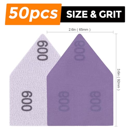 POLIWELL Ceramic Alumina 50-Piece Pack 90mm x 65mm 600 Grit Triangle Sanding Sheets with Hook & Loop Fastening Replacement for Milwaukee M12 Orbital Detail Sander Accessories - size: 600 Grit