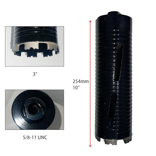 Core Drill Bits 3 inch Diameter 10in/254mm Drilling Depth Concrete Laser-Welded for Concrete with Rebar Brick Block Masonry Two 5/8-11" Thread Adapters (3 inch | 76mm) - size: 3 inch | 76mm