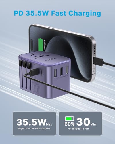 VINTAR Universal Travel Adapter 35.5W, 6-in-1 with 3 USB-A QC & 2 USB-C PD - color: 35.5W Purple