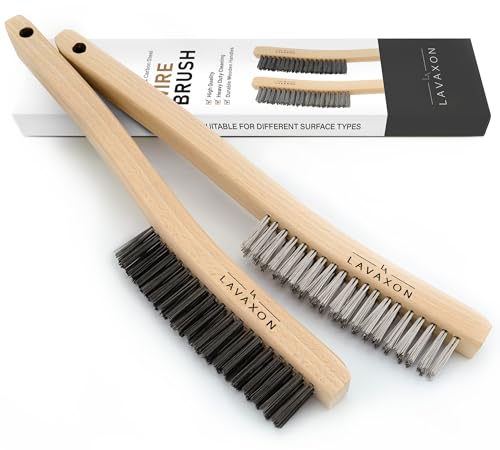 Lavaxon Wire Brush Set-Heavy Duty Stainless & Carbon Steel Bristles with Wood Handle Grip for Rust, Wielding Slag, Dirt & Paint Scrubbing with Deep Cleaning – 14 Inches (Pack of 2)