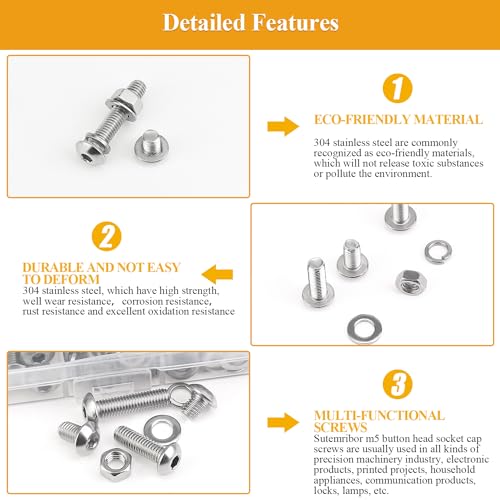 245 Pieces M5 Screws Nuts Washers Set, Sutemribor M5 x 6/8/10/12/16/20/25mm Button Head Socket Cap Screws Nuts Washers Assortment Kit, 304 Stainless Steel, Fully Threaded - size: M5, style: Button Head Socket Cap