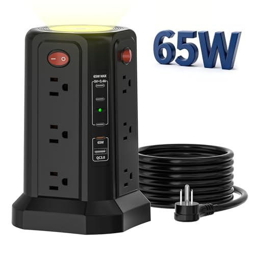 PASSUS Tower Surge Protector Power Strip with PD 65W USB C Port - color: Black-4C1A