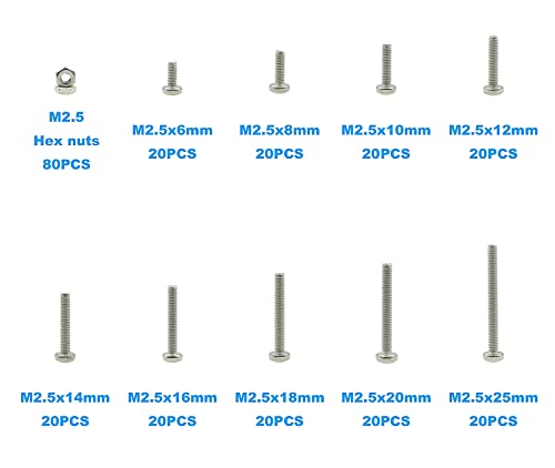 260PCS Metric M2.5 304 SS Phillips Pan Head Machine Screws & Nuts Kit | 9 Sizes 6-25mm Lengths 304 Stainless Steel Fully Threaded Pan Head Fasteners for PCB Electronics Arduino DIY Repair w/ Box - size: M2.5
