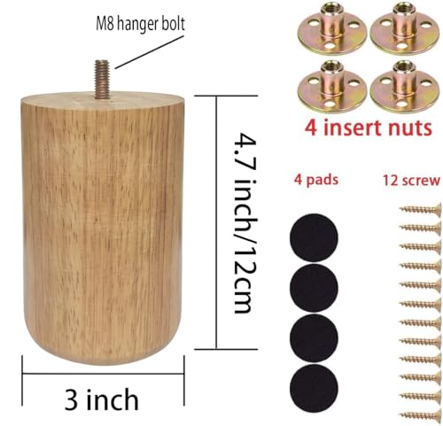Wood Furniture Legs 4 inch Big Wooden Sofa Cabinet Couch Loveseat Feet Cylinder Style Furniture Legs for Sofa Bed DIY Replacement Feet Set of 4 (4.7 Inch) - size: 4.7 Inch