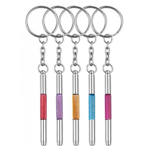 5 Pcs Eyeglass Screwdriver Repair Kit Precision 4 in 1 Mini Screwdrivers Set,Sunglass Watch Toy Repair with Keychain, Stainless Steel Alloy Tool,Flat Head, Phillips, Hex(5 colors)