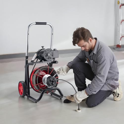 VEVOR Drain Cleaner Machine 100 FT x 1/2 Inch, Auto Feed Sewer Snake Auger on Wheels - with 8 Cutters & Air-Activated Foot Switch for 2" to 6" Pipes - style: 100 FT x 1/2''