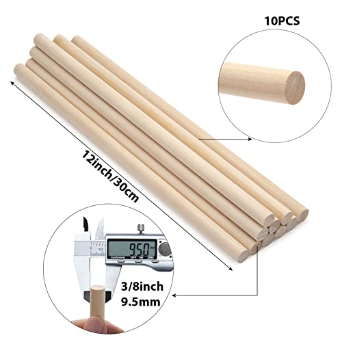 3/8 x 12 Wooden Dowels Wood Sticks for Crafts, 10 PCS Wood Dowel Rods, Round Macrame Dowels, Unfinished Hardwood Sticks for Crafting, Arts and DIYers, Tiered Cake Support and Wedding Ribbon Wands - size: 3/8"×12"-10PCS
