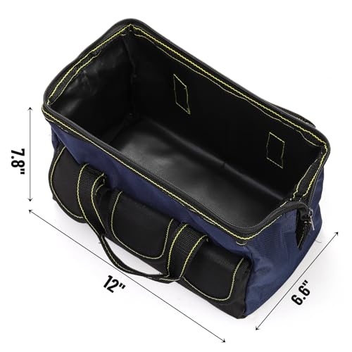 3 Pack Tool Bag, Wide Mouth Tool Tote Bag with Waterproof Base, Heavy Duty Tool Storage Bag Organizer for Various Tools, 5 Pockets, Blue, Yellow, Red, 12 Inch