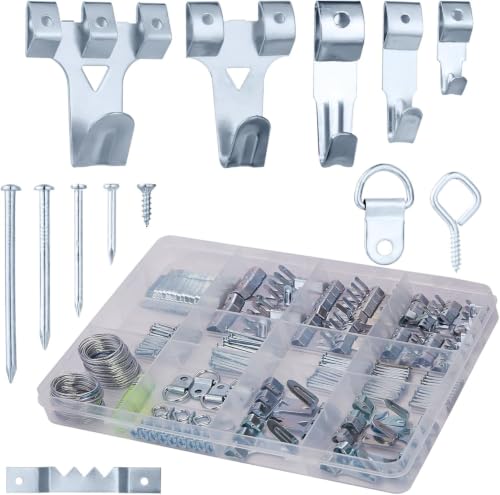 CrimsonMark 303-Piece Picture Hanging Assortment with Heavy Duty Hooks | Includes Nails, Sawtooth, D-Rings, Wire, Level & Metal Wall Hooks for Picture Framing and Canvas Mounting in Silver. - size: Silver