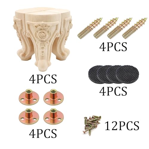 4Pcs 6in Unfinished Solid Wood Furniture Legs Carved European Style - color: D