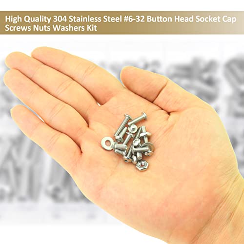 252 Pieces #6-32 x 3/16", 1/4", 5/16", 3/8", 1/2", 5/8", 3/4", 1", Button Head Socket Cap Screws Nuts Washers Assortment Kit, 304 Stainless Steel, Fully Machine Thread - size: #6-32, style: Button Head