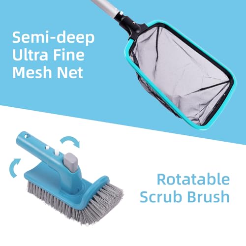 Sepetrel 4-Piece Pool Cleaning Kit, 17.5" Curved Wall Brush, Rotatable Hand Scrubber, Deep Bag Leaf Rake and Flat Skimmer Net (Pole Not Included) for Above Ground and Inground Pools - size: Plastic Frame Rake(No Pole)