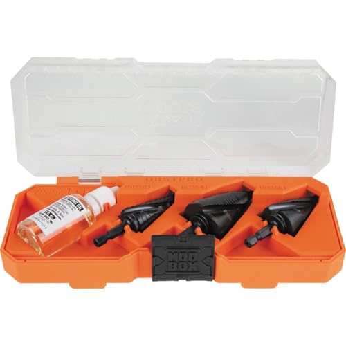 Klein Tools QRSTSPRO Premium 3-Piece Electrician's Step Bit Set with Cutting Oil, Modular Case, Impact Rated Quick Release, Double Spiral Flutes - size: 3-Piece Set (Large), style: Quick Release