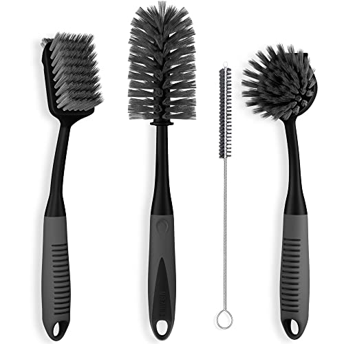 Dish Brush Set of 4 - Kitchen Scrub Brushes with Non-Slip Long Handle for Cleaning, Scrubber, Dishwashing, Dishes, Bottles, Straws, Cups, Pots & Sink, Black - color: Black