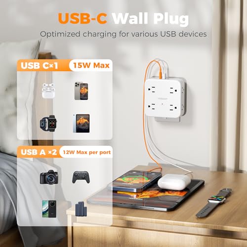 TESSAN Wall Surge Protector Outlet Extender with 8 Outlets Wall Charger - color: White, size: 2 USB-A+1 USB-C