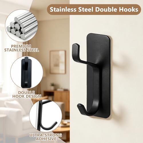 4 Pack Black Stainless Steel Double Wall Hooks, 13LB Strong Adhesive Heavy Duty Stick On Towel Hooks for Bathroom Kitchen Entryway