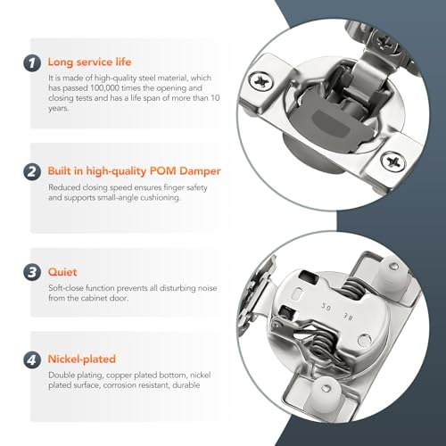 Satin Nickel Cabinet Hinges 1-1/2 Inch Overlay 10 Pack(5 Pairs) | Stainless Steel Build, Soft Close Concealed Hinge, 3D Self-Closing Adjustment, Face Frame Door Fit, Kitchen Cabinets - size: 1-1/4 inch Overlay