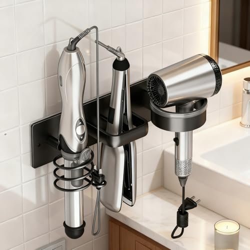 Hair Dryer Holder Wall Mounted Blow Dryer Holder Curling Iron Holder Straightener Holder 3 in 1 Bathroom Metal Hair Tool Organizer Rack（Black） - color: Matte Black