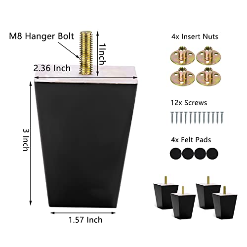 Michanco 3 Inch Black Sofa Legs Set of 4 Square Tapared Wood Furniture Feet for Couch Sofa Ottoman - size: 3 Inch Black