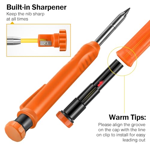 Hiboom 2 Pack Carpenter Pencils with Pencil Cap and 18 Refills, Orange - color: Orange