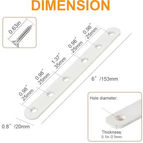 10 Pack White Straight Brackets, 6 Inch Flat Brace Mending Plates - size: 10 Pcs/ 6” x 0.8”