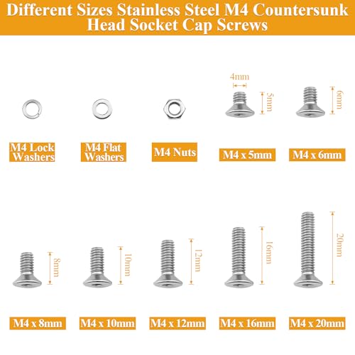 385 Pieces M4 Screws Nuts Washers Set, Sutemribor M4 x 5/6/8/10/12/16/20mm Countersunk Head Socket Cap Screws Nuts Washers Assortment Kit, 304 Stainless Steel, Fully Threaded - size: M4, style: Countersunk Head Socket Cap