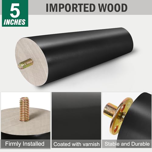 FoDau770 Rubber Wood Legs 5", Slant Taper, 5/16"-18 Thread, Black, 4pcs | Wood Couch legs - Mid Century Sofa Legs - Furniture legs Replacement for Cabinet Dresser Chair Ottoman - color: Black, size: 5 Inch - Slanted (80°)